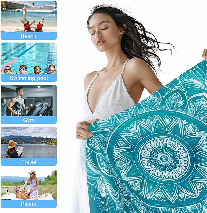 White Mandala Pattern Beach Towel 35" x 71" Teal Green Abstract Art Quick Dry Sand Free Pool Towels Soft & Absorbent Compact Towels Beach Accessories for Travel Bathroom Swimming Pool
