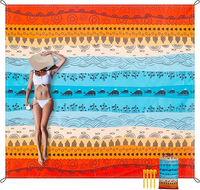 BEW Beach Blanket Waterproof Sandproof, Outdoor Picnic Blankets Sand Free for 4 Adults, Lightweight Quick Drying Beach Mat for Beach Travel, Camping, Hiking, Boho Beach Essentials Accessories