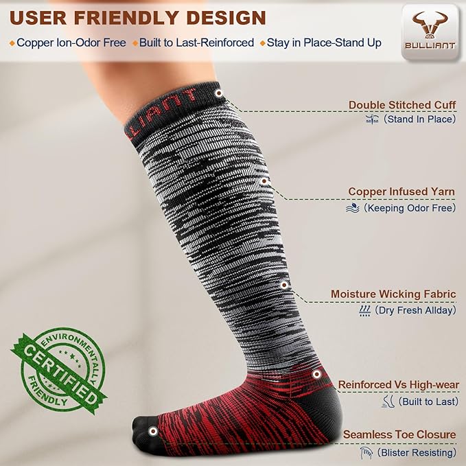 BULLIANT Men Compression Socks 3Pairs-Knee High Socks 15-20 Pressure Unise- Cushioned Sole Extra Wicking