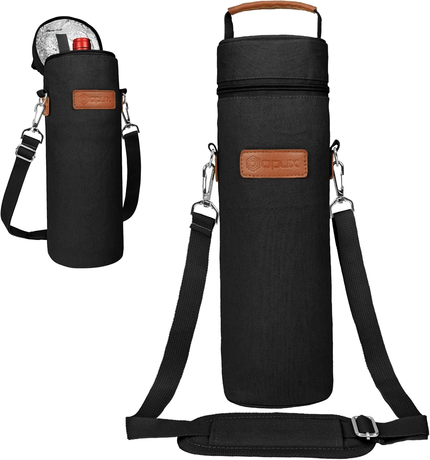 opux Wine Bag Single Bottle Carrier Tote, Insulated Wine Cooler Bag for Travel Picnic Beach with Shoulder Strap, Thermal One Bottle Holder Carrying Case Wine Gift for Women Men, Black