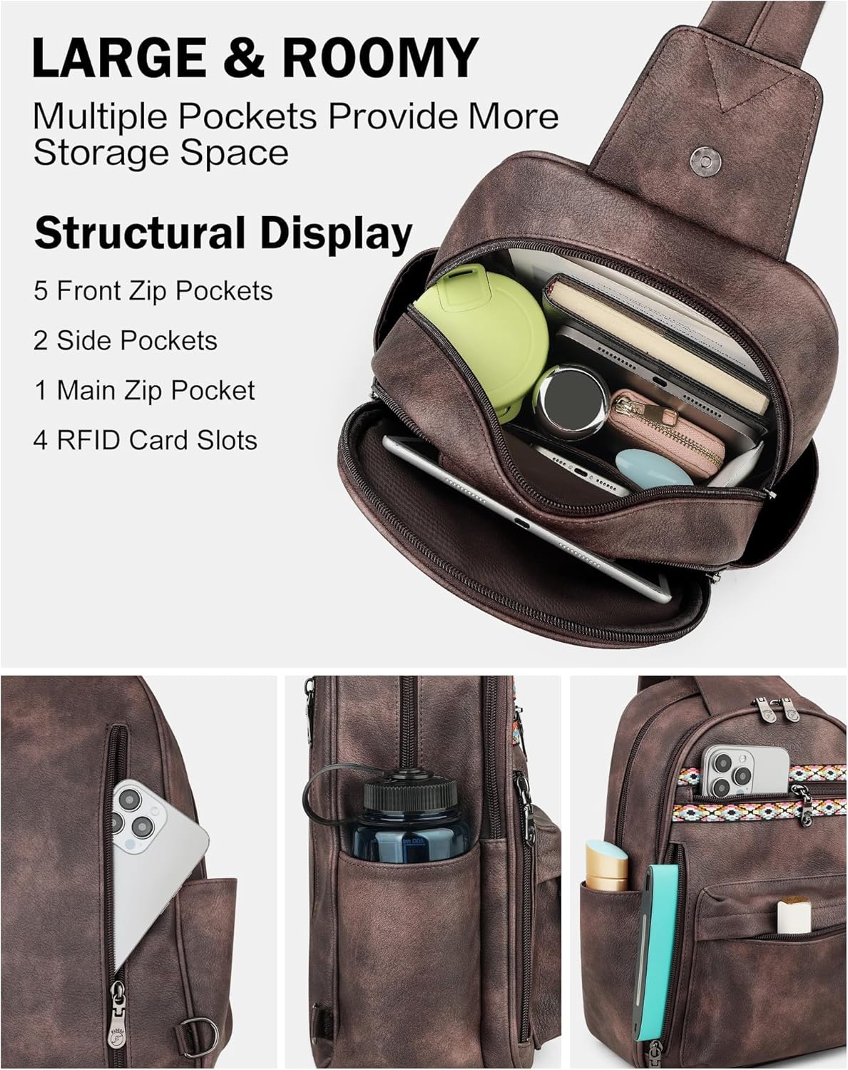 FADEON Large Sling Bag for Women, Leather Crossbody Purse Designer Anti Theft Sling Backpack, RFID Fanny Packs for Travel