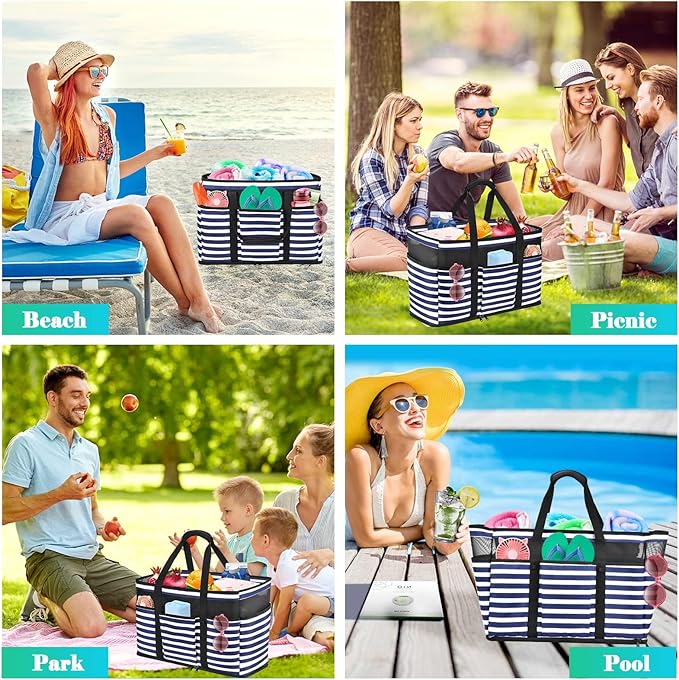 Large Beach Bag with Zipper, 12 Pockets Waterproof Sandproof Pool Bag Womens Mesh Beach Tote Bag for Travel Vacation