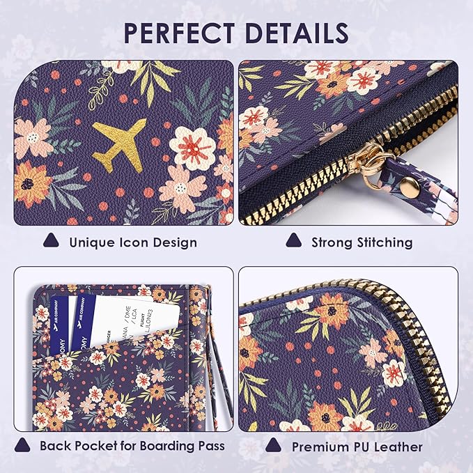 Passport Holder, Passport Holder For Travel, Passport Cover For Travel Essentials, Passport Wallet Cover RFID Blocking, Cute Passport Book for Women and Men, Navy Blue Flowers