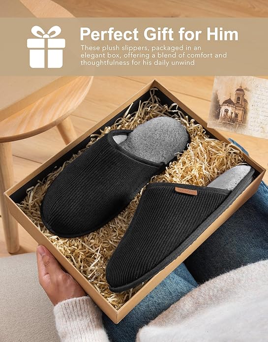 VeraCosy Men's Corduroy Scuff Slippers Soft Comfy Memory Foam Non-slip Indoor House Shoes