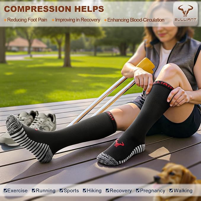 BULLIANT Men Compression Socks 3Pairs-Knee High Socks 15-20 Pressure Unise- Cushioned Sole Extra Wicking
