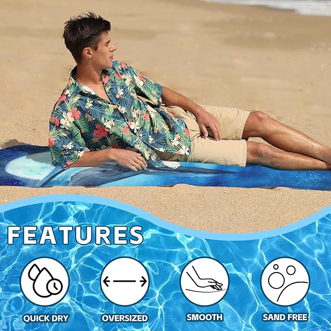 Beach Towel,Watercolor Blue Whale in Sea at Moon Night Lightweight Compact Sand Free Quick Dry Oversized Pool Swimming Towels for Girls Women Adults,29.5"×59"