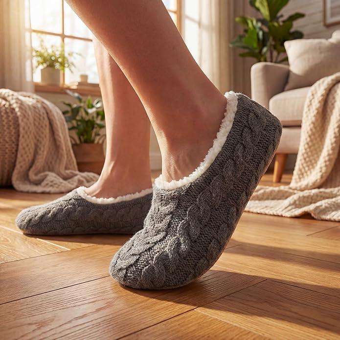Cozylook 2-Pair Women's Soft Sole Slipper Socks with Grippers, Thick Warm Cozy Sherpa Lined Home Socks Set, Cable Knitted Non-slip Fluffy Winter House Bedroom Slippers