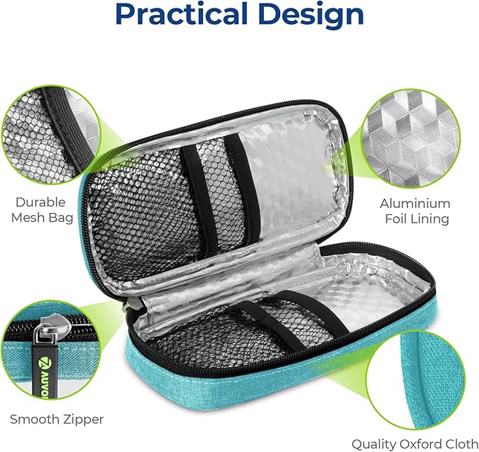 AUVON Insulin Cooler Travel Case with 2 x 90g TSA Approved Ice Packs, Diabetic Medication Insulated Cooling Bag for Insulin Pens and Diabetic Supplies Storage, Compact for Daily Life and Trips