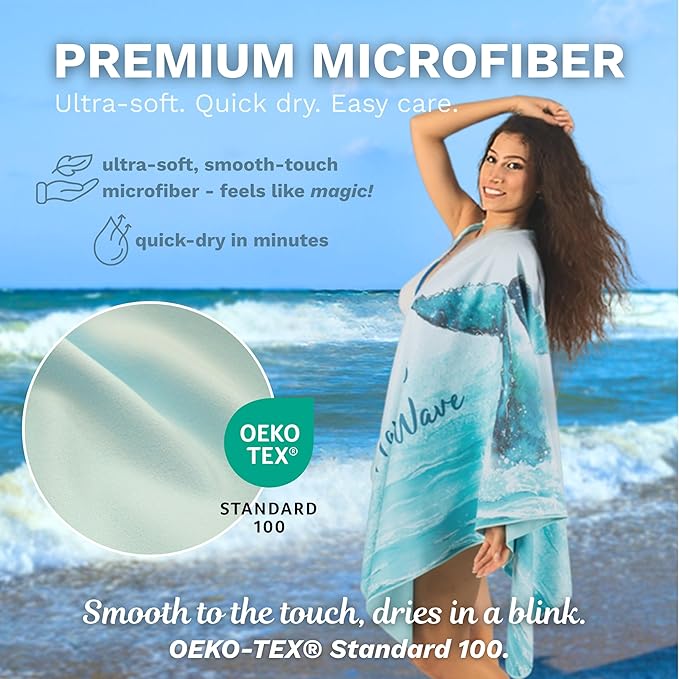 Umade Microfiber Quick Dry Towel, 59" x 29.5" - Compact Lightweight Travel/Backpack/Camping/Yoga Towels with Hanging Loop & Elastic Strap, Whale Tail Design (Aqua Blue)