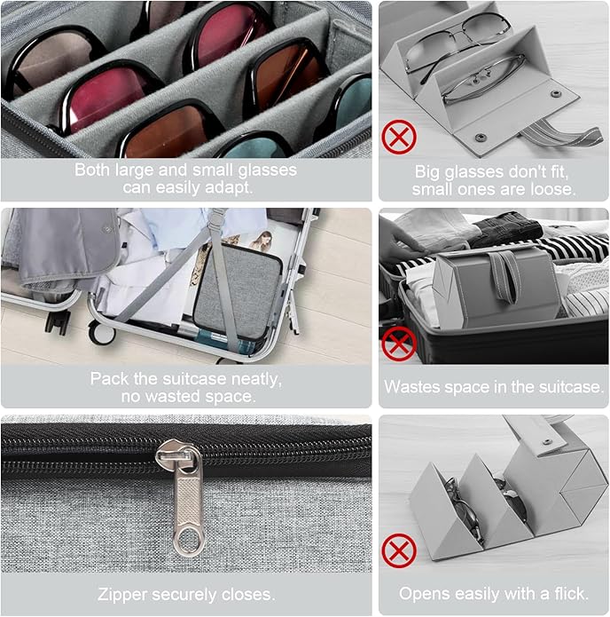 Bukere Travel Sunglasses Organizer Glasses Case, 3 Adjustable Slot for Multiple Eyeglasses, Hard Eyewear Box for Men Women