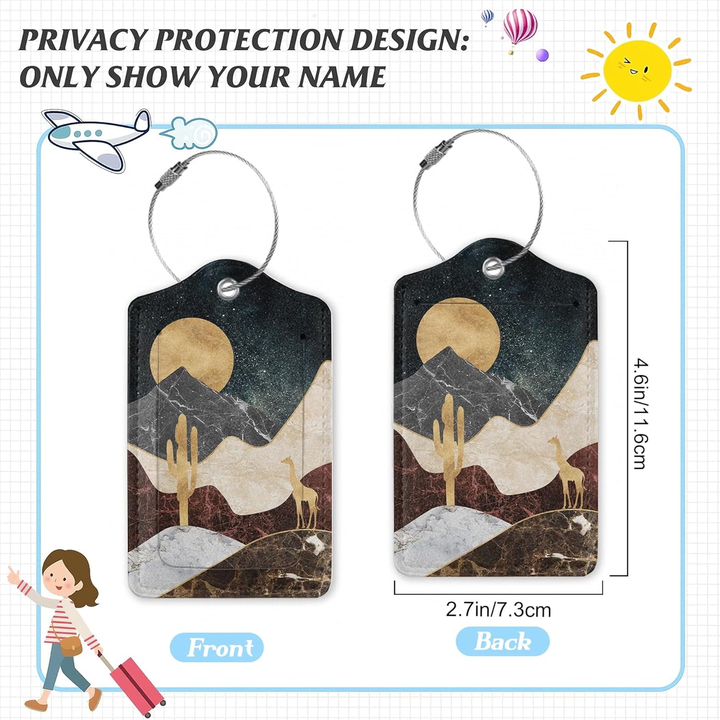 3 Pack Luggage Tag for Suitcase,Abstract Golden Mountain Leather Luggage Tags with Privacy Cover Name ID Label Identifiers Travel Bag Tags for Women Men Boys Girls