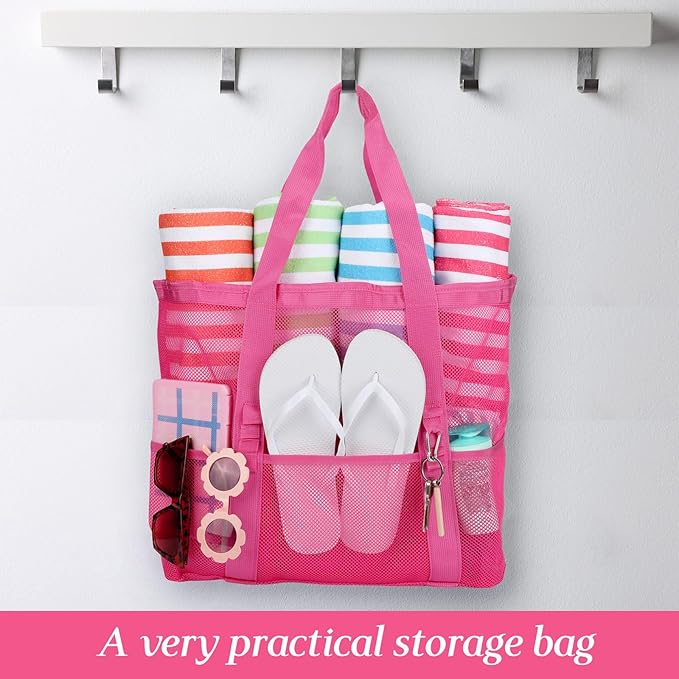 Hillban Large Beach Mesh Bags Bulk for Women Beach Tote Bag with 8 Pocket Zipper Waterproof Sandproof for Pool Cruise Ship
