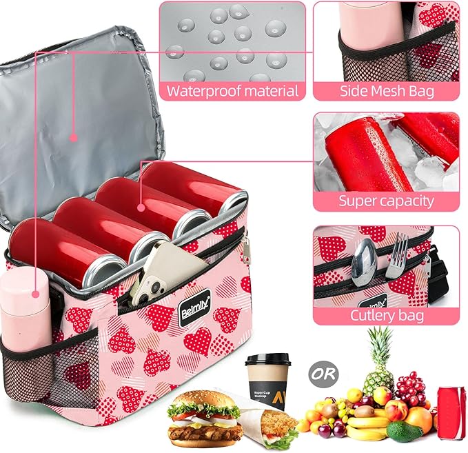 BEIMILY Lunch Box for Men/Women,Small Insulated Lunch Bag,Reusable LunchBox for work Picnic Hiking Beach,Leakproof Soft Cooler Tote Bag Organizer with Adjustable Shoulder Strap for Adults (Pink Heart)