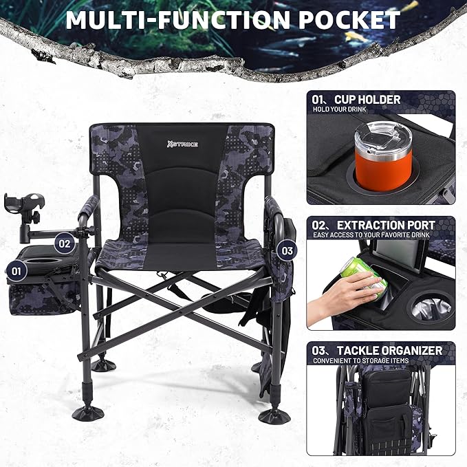 X Strike Heated Fishing Chair with Rod Holder Cooler Bag Storage Bag Shoulder Strap and Adjustable Feet, 350LBS Heavy Duty Folding Ice Fishing Chair for Adults Outdoor Camping (Battery Not Included)