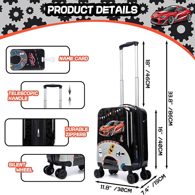 Kid's Luggage Set 5 Piece Suitcase Set 16" Hardside Luggage with Spinner Wheels Boys Carry on Toddler Travel Rolling Luggage Airline Approved