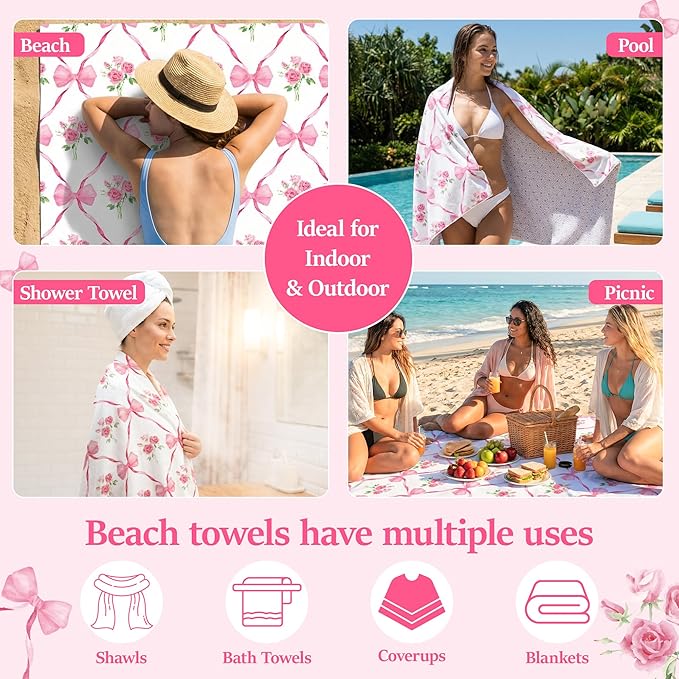 Pink Bow Oversized Beach Towel - Rose Flower Sand Free Thin Quick Dry Absorbent Lightweight Microfiber Towel Beach Accessories for Girl Women Travel Sport Swimming Pool Bath Camping Vacation Essential