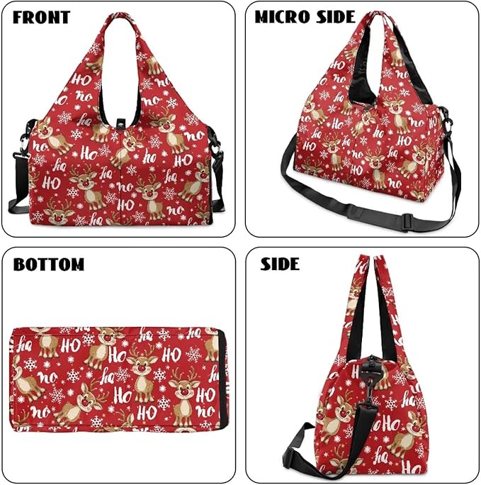 Christmas Reindeer Cute Gym Bag for Women with Yoga Mat Holder Sports Weekender Bags with Shoe Compartment Mini Duffel Bag for Travel Carry On Stylish Christmas Bag, Red