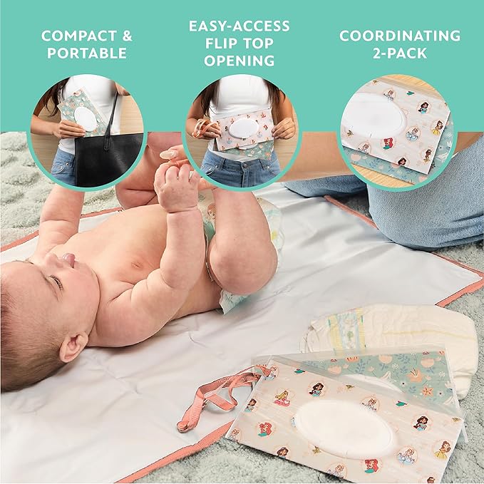 Disney Baby by J.L. Childress Reusable Wet Wipes Case Pouch - Refillable Baby Wipes Dispenser, Travel Essential for On the Go, Portable Holder with Wrist Strap - Princess, 2 Pack