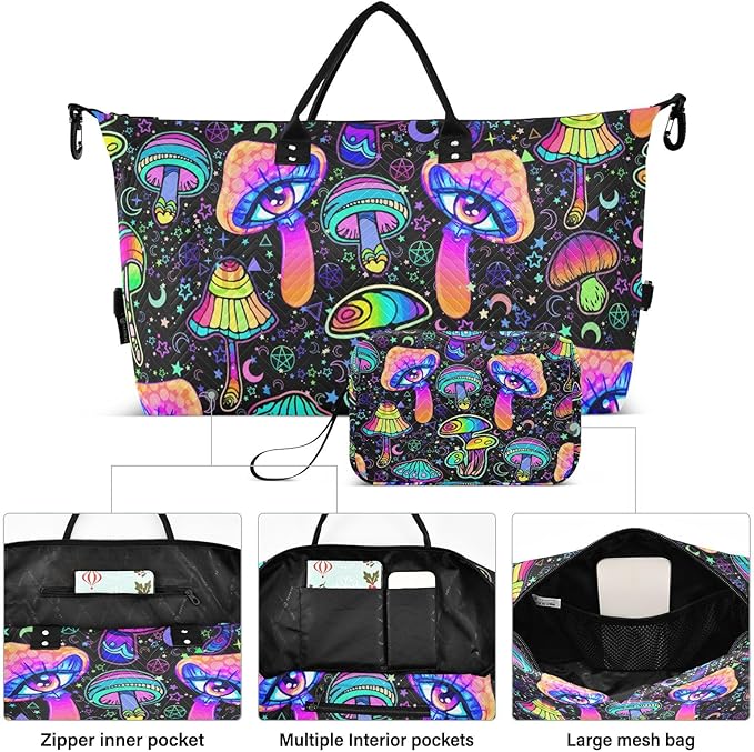 Magic Mushrooms Quilted Travel Bags Weekender Duffle Bags With Toiletry Bag Carry on Overnight Duffels Yoga Gym Bag for Airplanes Business Sports