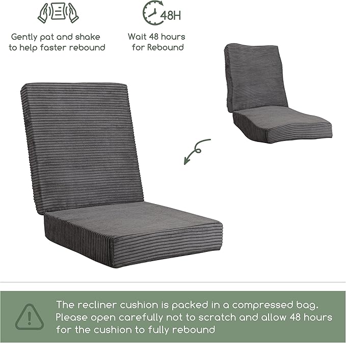 HIGOGOGO Corduroy Recliner Chair Cushion with Lumbar Support Pillow Soft Non-Slip 4" Thick Seat Pad Prevent Buttocks & Back Pain in Seniors (Grey, 21" Backrest)