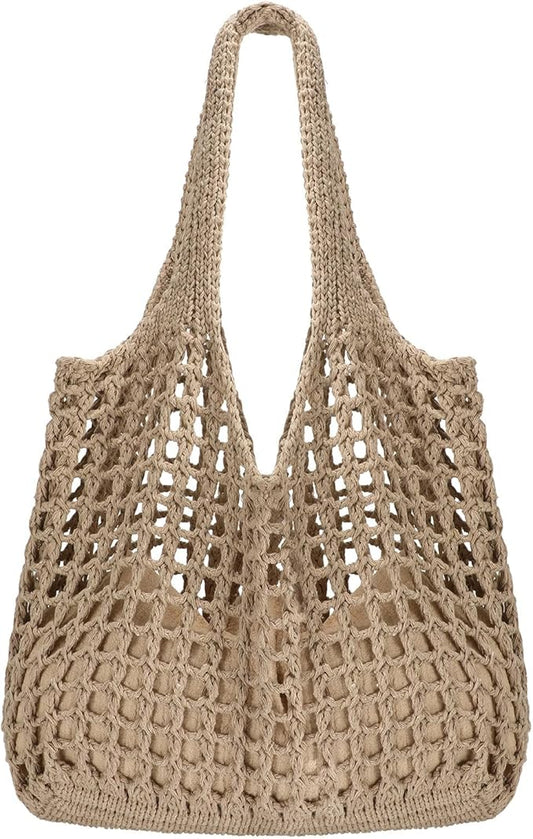 SUOSDEY Crochet Mesh Beach Tote Bag, Knit Summer Vacation Aesthetic Boho Tote Bag for Women
