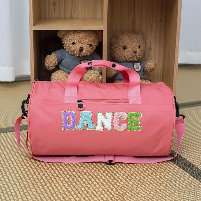 Large Size Dance Ballet Bag for Girls Toddler Teens,Dancing/Gymnastic/Cheer Kids Bag with Chenille Letters,Lightweight Spacious Toddler Duffle Sport Gym Overnight,16.5"Lx9"Wx9"H（Pink)