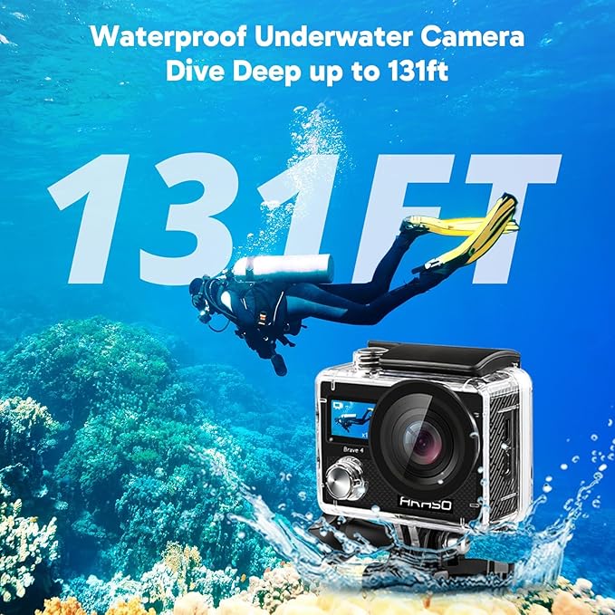 AKASO Brave 4 4K30 Action Camera with Selfie Stick Tripod 20MP Ultra Hd EIS 131ft Waterproof Underwater Camera 5xZoom Dual Screen for vlogging Video with Carrying Case Accessories Kit Bundle