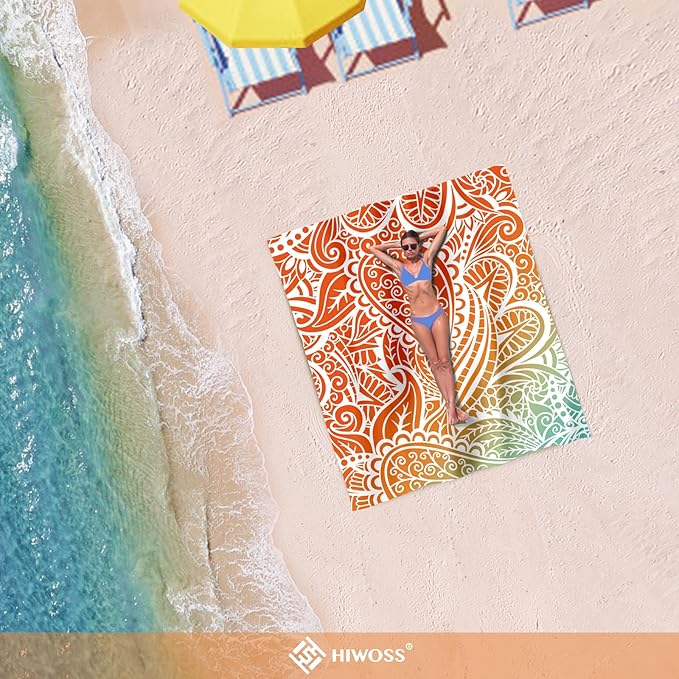 Beach Blanket Waterproof Sandproof Oversized 95”x 80”,Sand Free Beach Mat with Corner Pockets,Portable Mesh Bag for Beach Festival,Picnic,Travel and Outdoor Camping (Ombre Portland Orange)
