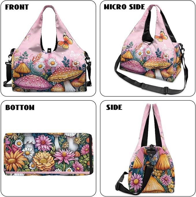 Small Duffle Bag for Women with Yoga Mat Holder, Mushroom Workout Bag with Inner Pocket, Shoe Compartment, Weekend Bag Ventilated Lightweight Totes for Birthday Gift