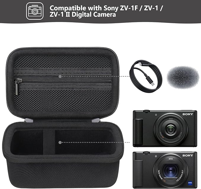 Hard Travel Case for Sony ZV-1F / ZV-1 / ZV-1 II Digital Camera, Vlogger Camera Storage Holder Travel Bag with Zipper Mesh Pocket for Battery Pack, Charging Cable, USB Card, Black