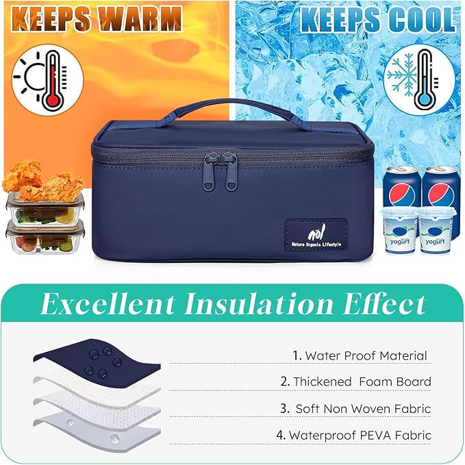 NOL Natural Organic Lifestyle Insulated Lunch Bag for Adults – Compact Cooler Lunch Box with Food-Grade Lining, Waterproof Lunch Bag for Work, Travel | Portable Thermal Meal Tote with Handle,Navy blue