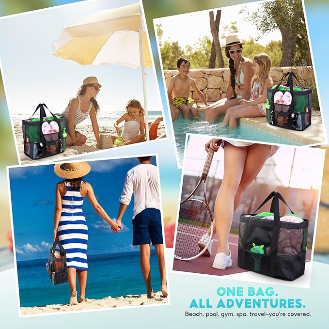 Large Mesh Beach Bag – Lightweight Beach Tote with 9 Pockets, Beach Bag for Women, Men, Family Essentials