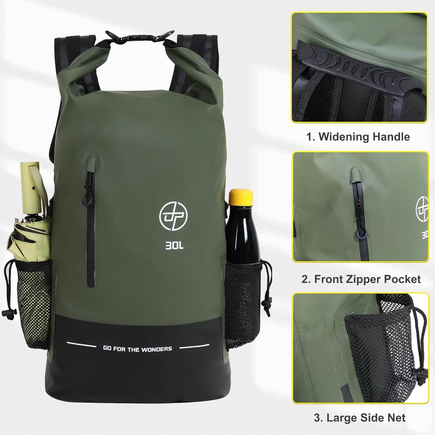 UPWELL Waterproof Dry Bag 30L Boating Backpack for Travel Hiking Camping Bags for Kayaking Hiking Waterproof Bags Swimming Floating Submersible Dry Bag Green
