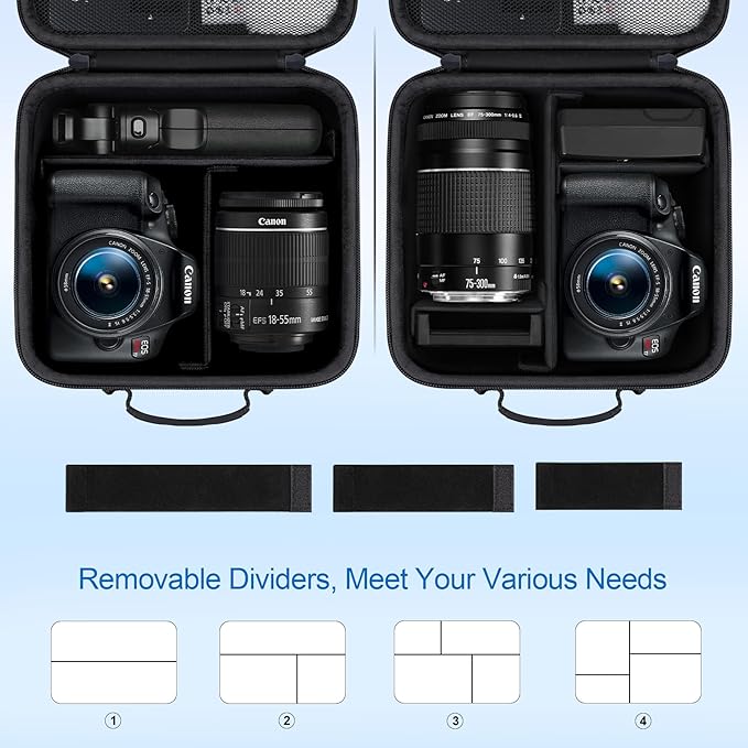 BOVKE Travel Camera Case for Canon EOS Rebel T7/R50/R6 Mark II/R100/R50 V/T6/R8/R10/R5 Mark II/RP/R7/R5/T100 and Other DSLR SLR Cameras, Extra Lens and Tripod with Dividers & Shoulder Strap, Black