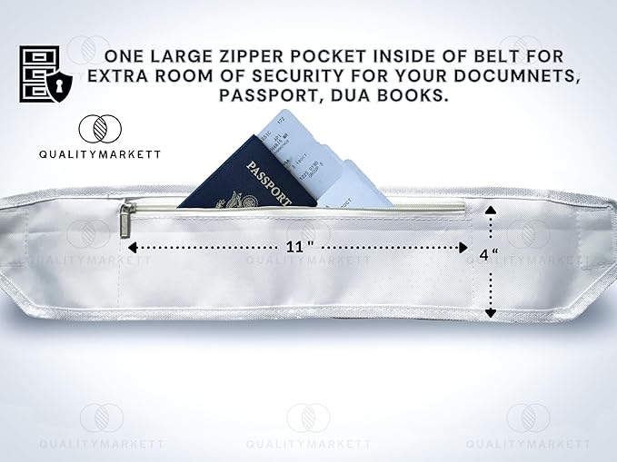 Premium Ahram Ihram Belt for Hajj & Umrah, Comfortable Pilgrim Waist Belt with Secure Zippered Pockets for Documents and Phones, Adjustable Waist Size (26’’-50’’) Inches, Anti Theft Double Lock Buckle