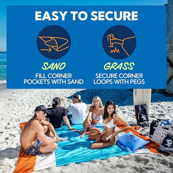 SUN NINJA Sand Proof Beach Blanket - Sand Free Beach Mat, Lightweight & Quick Dry Beach Essentials with Travel Bag, Giant Beach Blanket (10'x9') Perfect for Outdoors, Picnic, Camping & Travel