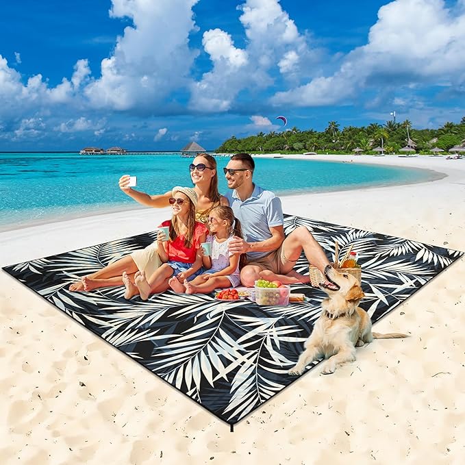 Beach Blanket Waterproof Sandproof Beach Mat 79”x 83” for 1-8 Adults Quick Drying Durable Outdoor Picnic Mat for Beach Festival Travel Camping Hiking (BK&W-Palm, 79"×83"(4 Person))