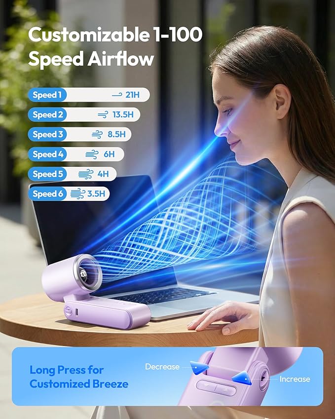 Gaiatop Portable Handheld Turbo Fan, 21 Hrs Cooling, 180° Foldable 4-in-1 Hand Held Fans, 6-Speed (1-100) Personal Mini Handheld Fans, Small Portable Fan for Travel Working Outdoor, Women Gifts Purple