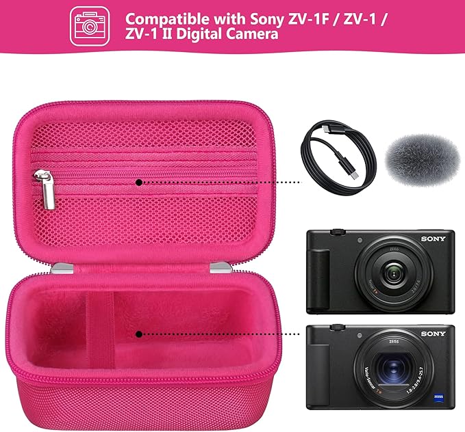 Hard Travel Case for Sony ZV-1F / ZV-1 / ZV-1 II Digital Camera, Storage Holder Travel Bag with Zipper Mesh Pocket for Battery Pack, Charging Cable, USB Card, Rosered