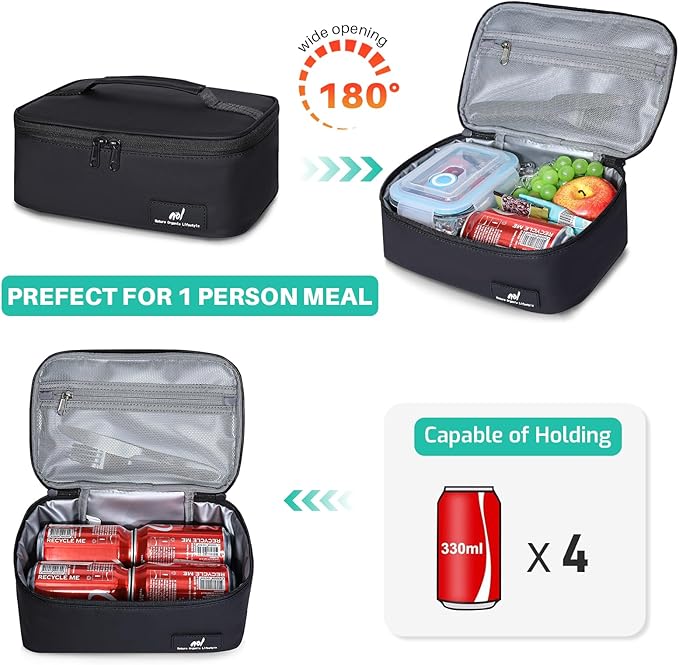 NOL Natural Organic Lifestyle Insulated Lunch Bag for Adults – Compact Cooler Lunch Box with Food-Grade Lining, Waterproof Lunch Bag for Work, Travel | Portable Thermal Meal Tote with Handle, Black