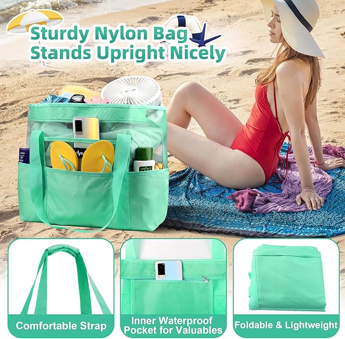 Mesh Beach Bag - Large Waterproof Beach Tote Bag with Zipper, Oversized Foldable Lightweight Family Swim Bag Vacation