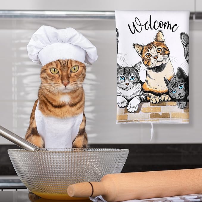 Bencailor 6 Pcs Cat Kitchen Towels Cute Cat Dish Hand Towels Farm Animal Tea Washcloth for Bathroom Kitchen Fall Autumn Farmhouse Decor 24 x 16''