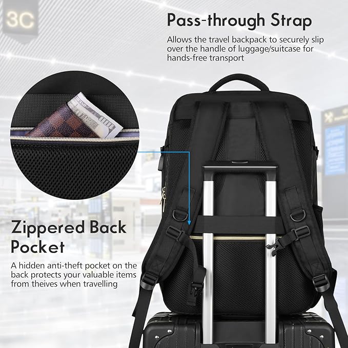 MOMUVO Large Travel Backpack Women, Flight Approved Carry On Backpack with 3 Packing Cubes, Water Resistant Anti-Theft Large Book Bag Fit 18.4 Inch Laptop with USB Charging Port, Black