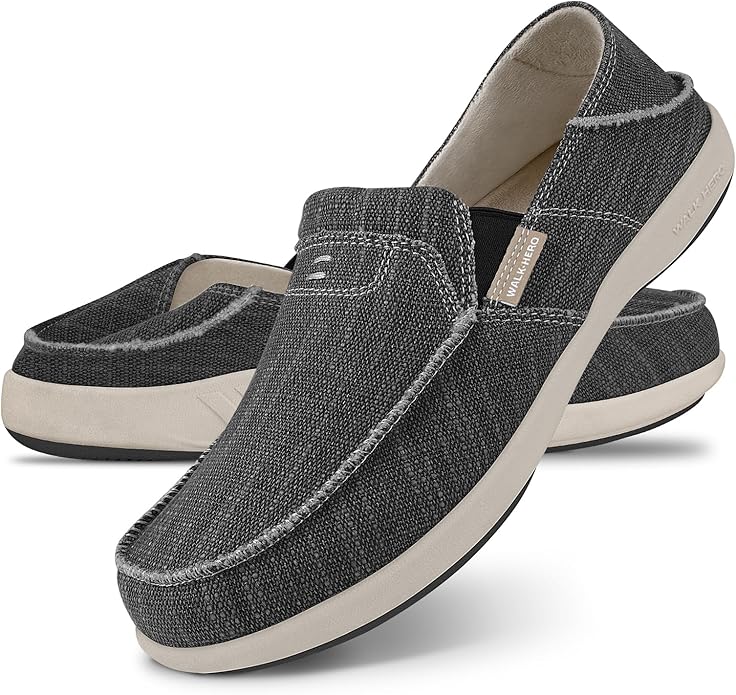 Mens Slip On Shoes, Canvas Mens Loafers with Arch Support, Orthopedic Mens Boat Shoes for Plantar Fasciitis, Indoor & Outdoor Walking Slippers Shoes for Pain Relief