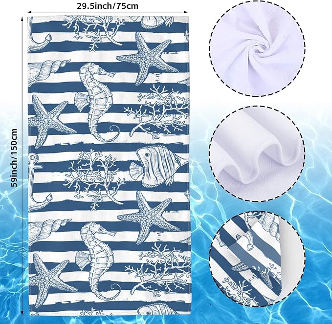 Starfish Microfiber Beach Towels,Underwater Starfish Seahorse with Coral on Stripes Oversized Absorbent Bath Towels,Soft Quick Dry Thin Camping Towel for Adults Women Men,29.5"×59"