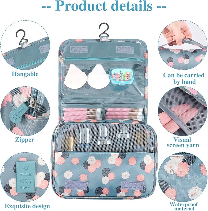 Pengxiaomei Toiletry Bag, Waterproof Hanging Cosmetic Bag Portable Travel Makeup Pouch Multifunction Handle Travel Toiletry Bag Organizer with Hook for Women Girls(Blue)