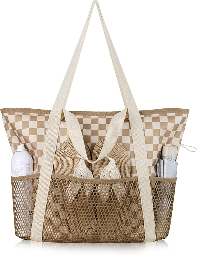 HOMESPON Beach Bag Large Waterproof Sandproof Foldable Tote for Women with Zipper Mesh Pockets for Pool Swim Travel Everyday
