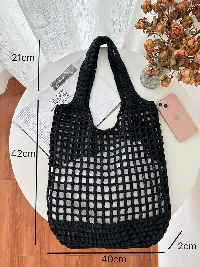 ENBEI Women Foldable Beach Tote, Washable Lightweight Beach Bag, Eco-Friendly Knit Shoulder Purse for Travel/Shopping/Gifts