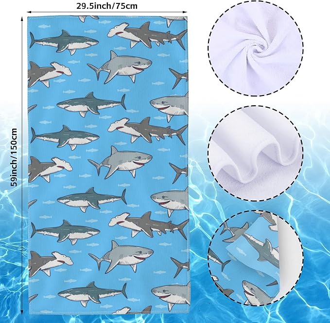 Sharks Microfiber Beach Towels,Sharks and Small Fish in Ocean Oversized Absorbent Bath Towels,Soft Quick Dry Thin Camping Towel for Adults Women Men,29.5"×59"