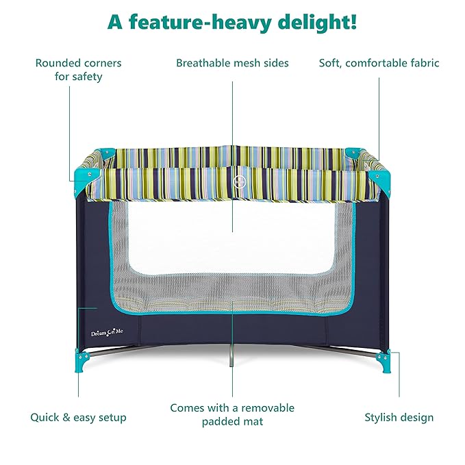 Dream On Me Zodiak Baby Playard, Breathable Mesh Sides, Soft Comfortable Mattress, Quick & Easy to Fold with Travel Carry Bag, Compact Space Saving Design - Navy